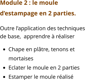 Module 2 : le moule d’estampage en 2 parties. Outre l’application des techniques de base,  apprendre à réaliser  •	Chape en plâtre, tenons et mortaises •	Eclater le moule en 2 parties •	Estamper le moule réalisé